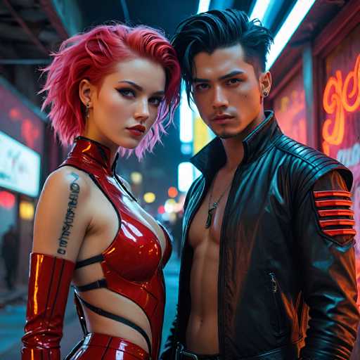 In this vibrant, AI-generated image, a strikingly realistic scene unfolds in a bustling city street. The focal point is a young woman and a young man, both exuding an aura of edgy sophistication. The woman, positioned on the left, sports a short, spiky pink hairstyle and a bold red lipstick. Her attire is a form-fitting, red leather outfit that accentuates her curves, complete with matching gloves that extend to her elbows. A tattoo adorns her right shoulder, adding to her distinctive look. 

To her right stands a young man with short black hair, styled with a slight spike. He is clad in a black leather jacket, left open to reveal his bare chest and a necklace that dangles around his neck. His right shoulder features a red patch, adding a touch of contrast to his ensemble. 

The background is a blur of city lights, with neon signs and various buildings creating a dynamic, urban atmosphere. The scene is bathed in a spectrum of colors, including black, white, gray, red, orange, yellow, blue, and purple, enhancing the overall vibrancy and depth of the image. The woman gazes directly at the camera, while the man looks slightly to the left, adding a sense of intrigue to the composition.