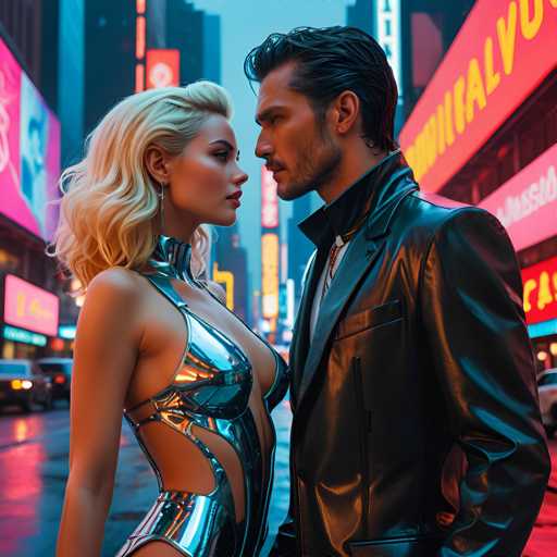 A man and woman standing on a city street at night with neon signs in the background. The man is wearing a black leather jacket and the woman has blonde hair and is dressed in a silver sequined outfit.