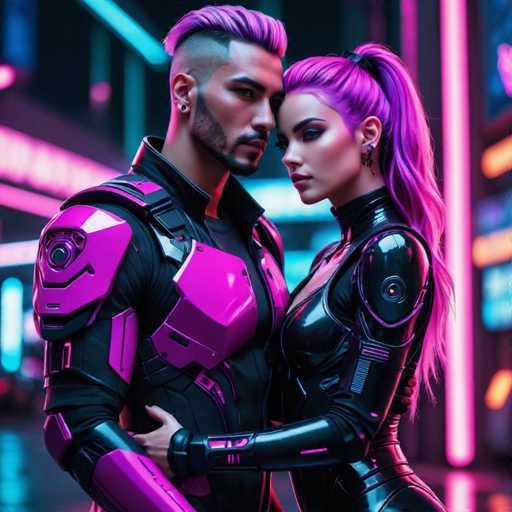 This image is a detailed, computer-generated depiction of two individuals standing in a futuristic, neon-lit environment. The background is blurred, emphasizing the neon lights that suggest a high-tech setting. The two figures are positioned in the foreground, facing each other with a sense of intimacy.

The man on the left has a striking appearance with a shaved head, featuring a prominent beard and mustache. His hair is styled in a high, spiky fashion, colored in a vivid purple. He is dressed in a form-fitting, black leather outfit that accentuates his muscular physique. His attire includes purple accents, particularly on his chest and shoulder armor, which features a camera-like device. His right hand is placed on the woman's hip, while his left hand is not visible in the image.

The woman on the right has long, flowing hair that is also a vibrant purple, tied back with a black band. Her hair cascades down her back, contrasting with her sleek, black leather outfit. She has a fair complexion and is adorned with black earrings. Her attire is form-fitting, accentuating her figure, and includes a chest plate with a camera-like device. Her right hand is placed on the man's hip, mirroring his gesture.

The overall composition of the image highlights the futuristic, high-tech ambiance, with the neon lights and the detailed, contrasting attire of the two figures.
