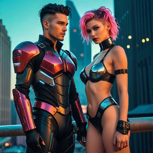 In this AI-generated image, a man and a woman stand side by side, both gazing off to the right. The man is dressed in a striking black and red suit, reminiscent of a superhero costume, complete with matching gloves. His hair is styled in a short, spiky fashion, and he sports a slight beard. The woman beside him has vibrant pink hair and is adorned in a revealing black and silver outfit that accentuates her figure. She wears a choker around her neck and has a leather strap wrapped around her upper arm. Both individuals have their hands resting on a railing, adding a casual yet dynamic element to the scene. The background features a cityscape with tall buildings, some of which have lights on, suggesting it is either dusk or early evening. The sky is a clear blue, indicating a pleasant day.