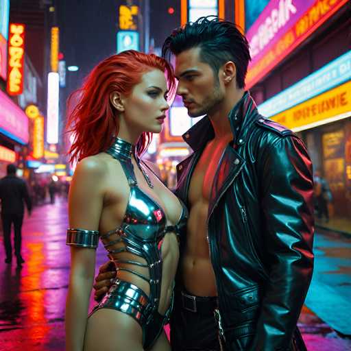 In this AI-generated image, a man and a woman stand closely together on a bustling city street, their heads nearly touching. The woman, positioned on the left, has striking red hair and is dressed in a revealing silver outfit that accentuates her figure. She wears a metallic collar around her neck and a silver band on her right arm. The man, on the right, has black hair and is clad in a black leather jacket, with his shirt left open to display his chest. He also sports a black belt and black pants. The background features a vibrant cityscape with numerous neon signs in various colors, including pink, blue, yellow, and orange. The street is wet, reflecting the neon lights and adding a glistening effect to the scene. People can be seen walking in the background, contributing to the lively atmosphere of the city night.