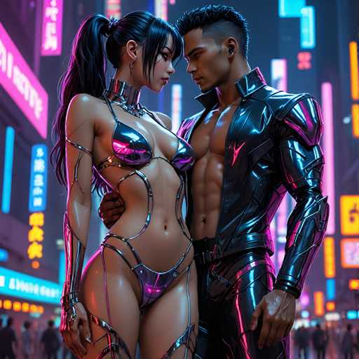 In this vibrant, futuristic cityscape reminiscent of a cyberpunk version of Tokyo, two strikingly beautiful individuals stand at the forefront, their intense gaze locked on each other. The woman, with long black hair tied in a ponytail, is adorned in a provocative, metallic outfit that accentuates her curves. Her attire includes a silver collar around her neck, a bra-like top, and a thong bottom, all connected by intricate metal straps that extend to her arms and legs. The man beside her, with short black hair, is equally captivating in his sleek, black leather jacket and matching pants, which also feature metallic accents. His jacket is open, revealing his bare chest. Both are African American and exude an aura of strength and allure. Behind them, the bustling city is alive with neon signs in pink, blue, and yellow, featuring Japanese characters, and a crowd of people can be seen moving along the sidewalks. The scene is bathed in a mix of colors, including black, white, gray, pink, purple, blue, yellow, orange, and red, enhancing the dynamic and futuristic atmosphere.