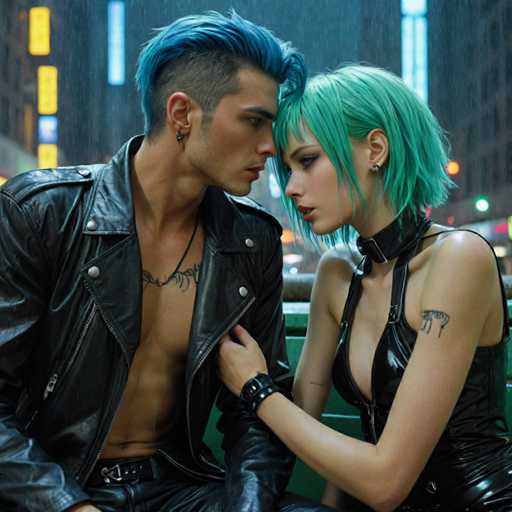 In this evocative scene from the 2013 film "The Great Gatsby," actors Tobey Maguire and Isla Fisher are captured in a moment of tender intimacy. The setting is a rainy night in a bustling city, with tall buildings adorned with neon signs and windows glowing in the background. Maguire, positioned on the left, sports a striking blue mohawk and is dressed in a black leather jacket, open to reveal his chest, adorned with a necklace. His intense gaze is fixed on Fisher, who stands to his right. Fisher, with her short green hair and matching leather attire, including a corset and choker, gazes back at him with a look of deep affection. Her right hand gently touches his chest, while her left hand rests on his arm, creating a powerful visual of their emotional connection amidst the urban landscape. The scene is richly detailed, capturing the essence of the film's period and atmosphere.