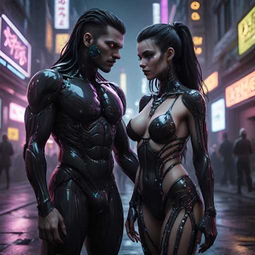 In this AI-generated image, a futuristic cityscape reminiscent of the aesthetic from "Blade Runner" serves as the backdrop. The scene is set on a rain-soaked street, illuminated by neon signs in various colors, including pink, yellow, and orange. These signs, adorned with Asian characters, add an exotic flair to the urban environment. Blurred figures of people populate the background, enhancing the bustling atmosphere.

At the center of the image stand two strikingly beautiful individuals. The man, positioned on the left, has long black hair cascading down his back and a glowing red eye. He is clad in a sleek, black, form-fitting bodysuit that accentuates his muscular physique. His right hand rests by his side, while his left arm is obscured behind the woman beside him.

The woman, standing to his right, has her long black hair tied back in a ponytail. She wears a revealing black bodysuit that highlights her curves, with a distinctive design around her breasts. Her left arm is covered in black, while her right arm is bare. Both individuals gaze intently at each other, creating a focal point of intense connection amidst the neon-lit, rainy cityscape.