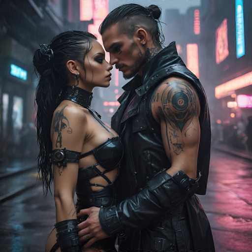 In this AI-generated image, a man and a woman are depicted in a close embrace, gazing into each other's eyes. The woman, positioned on the left, has long black hair styled in a ponytail with a black scrunchie. She is adorned with a black leather collar and a matching leather bra, which features straps extending over her shoulders and down her arms. Her right arm is wrapped in a black leather strap, and she has a tattoo on her right shoulder. The man, standing to her right, has his hair tied back in a bun and sports a black leather vest. He also has a tattoo on his right shoulder and a black leather strap around his right arm. The background is a blurred cityscape with indistinct buildings and neon signs, adding a sense of urban ambiance to the scene.
