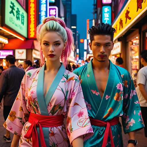 In this captivating image, a young Asian couple stands prominently in the foreground, exuding elegance and cultural pride. The woman, positioned on the left, is adorned in a traditional pink kimono with a delicate floral pattern. Her ensemble is accentuated by a vibrant red sash tied around her waist, and her hair is styled in a striking blend of pink and blonde, pulled up into a ponytail. Her makeup is meticulously applied, featuring bold red lipstick that complements her attire.

Beside her, the man stands confidently, dressed in a greenish-blue kimono that mirrors the floral motif of her garment. He wears a matching red sash and has short, dark hair. His facial hair includes a well-groomed mustache and a neatly trimmed goatee, adding to his distinguished appearance.

The background reveals a bustling street scene, likely in an Asian country, with numerous neon signs and billboards illuminating the night. The street is lined with various shops, their windows displaying a myriad of products. Pedestrians can be seen strolling along the sidewalks, contributing to the lively atmosphere. The sky above is a deep blue, indicating that the photo was taken at night, which enhances the vibrant colors of the neon signs and adds a magical quality to the scene.