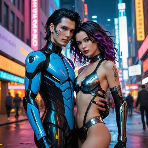 A couple in futuristic cyberpunk attire stands close together on a rain-slicked city street, bathed in neon lights. The man is clad in a sleek, blue and black exoskeleton suit with glowing accents, while the woman wears a silver, form-fitting bodysuit with purple hair. They are looking at the viewer with intense gazes, their bodies close together in a tender embrace. The background is filled with vibrant neon signs and blurred figures of people walking in the rain, creating a dynamic and immersive cyberpunk atmosphere.