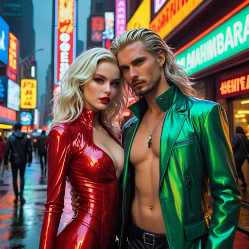 A man and woman standing on a city street at night with neon signs in the background. The man is wearing a green jacket while the woman has blonde hair and is dressed in red.