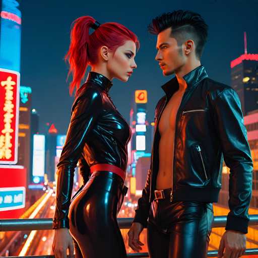 In this AI-generated image, a man and a woman stand side by side, gazing into each other's eyes. The woman, positioned on the left, has striking red hair styled in a ponytail. She is dressed in a sleek, black leather outfit that accentuates her figure, complete with a red belt around her waist. The man, on the right, sports a black leather jacket left open to reveal his bare chest. He has short black hair and is wearing black leather pants. Both individuals are Caucasian. They stand on a bridge, with a railing visible behind them. The background features a bustling cityscape, illuminated by numerous neon signs and lights, suggesting a vibrant urban environment.