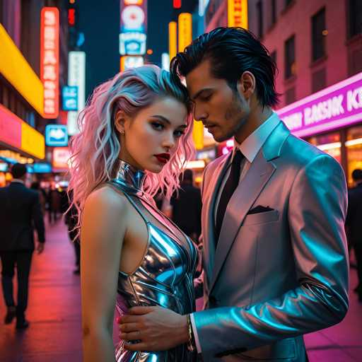 A man and woman standing together on a city street at night with neon signs illuminating the background. The woman is wearing a silver dress that reflects the lights of the city while the man is dressed in a suit.