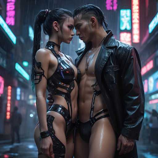 A couple in a neon-lit cyberpunk city, embracing in the rain.