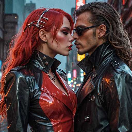 In this captivating image, a man and a woman stand intimately close, their foreheads nearly touching as they gaze deeply into each other's eyes. The woman, positioned on the left, has striking red hair adorned with a metallic accessory that adds a touch of edginess to her look. She wears a black leather jacket with a distinctive red panel running down the front, complemented by a necklace that glints subtly. Her makeup is bold, featuring bright red lipstick and dramatic eye shadow, enhancing her intense expression.

The man, standing on the right, exudes a cool and mysterious aura. His long, dark hair is slicked back, and he sports a pair of sleek black sunglasses that obscure his eyes. His attire consists of a black leather jacket with a high collar, adding to his rugged appearance. His facial hair is neatly trimmed, with a mustache and a slight beard, further emphasizing his strong features.

The background is a blur of tall buildings, suggesting an urban setting, possibly New York City. The soft focus on the cityscape behind them serves to highlight the couple's emotional connection, making them the undeniable focal point of the image.