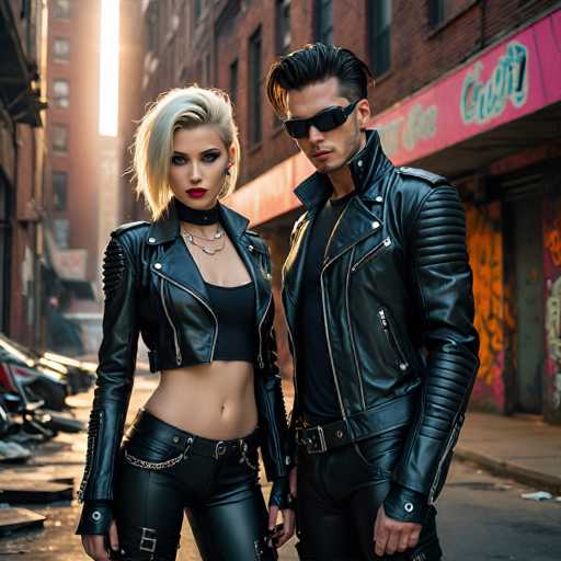 In this AI-generated image, a young couple stands confidently in the middle of a city street, exuding a distinct punk rock aesthetic. The woman, positioned on the left, sports a striking blonde bob hairstyle and wears a black leather jacket paired with matching leather pants. Her midriff is exposed, and she accessorizes with a black choker necklace and a black sports bra. Her makeup is bold, featuring bright red lipstick and dramatic eye shadow. The man beside her has slicked-back black hair and wears dark sunglasses. He is dressed in a black leather jacket over a black t-shirt, complemented by black leather pants and a black belt. The background reveals a gritty urban setting with graffiti-covered buildings, a pink awning, and a row of parked motorcycles, adding to the edgy atmosphere of the scene.