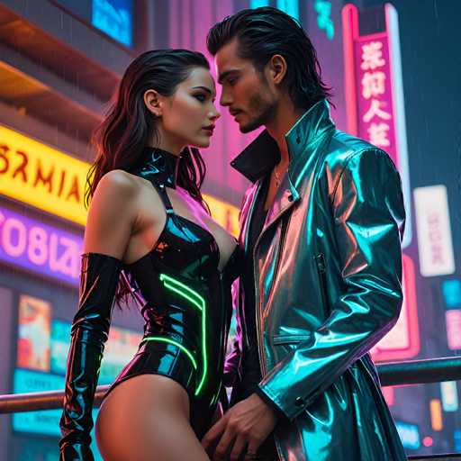 In this AI-generated image, a man and a woman are standing close together, gazing into each other's eyes. The woman, positioned on the left, is dressed in a sleek, black leather bodysuit that accentuates her figure. Her attire includes long gloves that extend up to her biceps, adding an element of sophistication to her look. The man, standing on the right, is clad in a striking silver leather trench coat, which complements his stylish appearance. He has long hair and a well-groomed beard, enhancing his rugged charm. The background is a vibrant cityscape, illuminated by neon signs and billboards, creating a dynamic urban atmosphere. The scene is further enhanced by the presence of a metal railing in the foreground, adding depth to the composition.