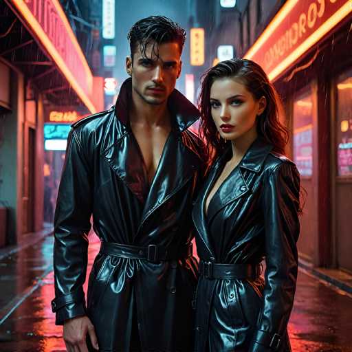 A stylish couple, dressed in matching black leather trench coats with belted details, stand side-by-side in a dimly lit, rain-soaked city street. The coats have a glossy texture and a slightly open front, revealing the bare chests underneath. They are positioned in the center of the frame, looking directly at the viewer with a serious and intense gaze. The background is blurred, showing neon signs in vibrant pinks and oranges, suggesting a bustling urban environment. The rain is visible as streaks of light falling from the top of the image, adding a moody and atmospheric feel. The overall lighting is low-key, emphasizing the dramatic contrast between the dark coats and the bright neon lights. The couple's hair is slicked back, and their makeup is bold, enhancing their striking features. The image has a futuristic or cyberpunk aesthetic, with the focus on fashion and urban style.