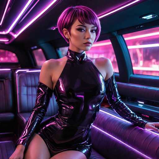 The image depicts a highly realistic, computer-generated scene set inside a luxurious vehicle. The interior is adorned with plush leather seats and illuminated by vibrant neon lights in shades of pink, purple, and blue. The vehicle's windows offer a glimpse of the outside, which is bathed in similar neon hues, enhancing the futuristic ambiance.

At the center of the image is a young woman, likely in her late teens or early twenties. She has a striking appearance with a short, pixie-cut hairstyle in a vivid purple hue. Her skin is fair, and she has a light complexion. She is dressed in a form-fitting, sleeveless dress that appears to be made of leather, hugging her figure and extending to her elbows. The dress is a deep purple color, complementing her overall look.

The woman is posed confidently, with one hand resting on the seat beside her and the other on her thigh. She gazes directly at the camera, exuding a sense of self-assurance and poise. The overall composition of the image, with its rich details and vivid colors, creates a striking and immersive visual experience.
