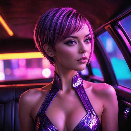 The image depicts a highly realistic, AI-generated woman seated in the back of a car. She has short, pinkish-purple hair and is wearing a matching, metallic pink dress that accentuates her cleavage. Her striking blue eyes and pink lips add to her captivating appearance. The car's interior features black leather seats and a dark ceiling, illuminated by a yellow light. The windows reveal a blurred, colorful cityscape with hues of pink, blue, and purple, suggesting the car is in motion. The overall scene is bathed in a pinkish-purple glow, enhancing the surreal and AI-generated quality of the image.
