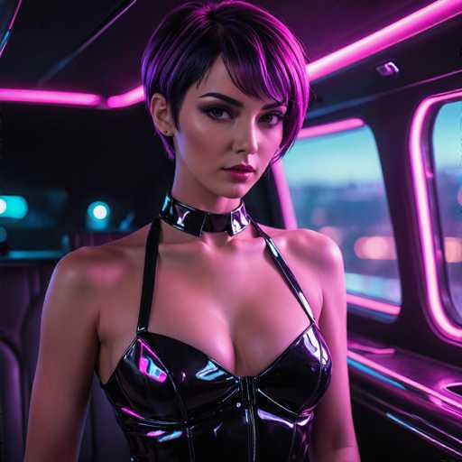 This image portrays a highly realistic, computer-generated depiction of a woman seated in the back of a car. The woman is positioned in the center of the frame, with her head slightly tilted to the right. She has a short, dark brown haircut with a distinctive purple tint on the right side. Her face is adorned with heavy makeup, including dark brown eyebrows, long eyelashes, and pink lipstick. Her expression is serious, with her gaze directed slightly to the left.

The woman is wearing a black leather corset that features a zipper running down the front. The corset has thin straps that go over her shoulders. Around her neck, she sports a black leather choker with a central buckle. The interior of the car is dimly lit, with the windows reflecting a pinkish hue. The car's interior is dark, with a black ceiling and pink lights running along the top and sides of the windows. The back of the car is visible behind her, and the seat appears to be black leather. The overall ambiance of the image is dark and moody, emphasizing the woman's striking appearance and the car's luxurious yet shadowy interior.