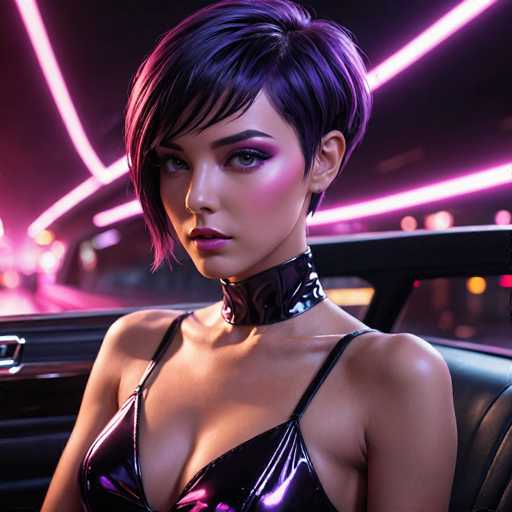 The image depicts a highly realistic, AI-generated woman with short, purple hair styled in a bob. She has striking blue eyes, pink lips, and pink blush on her cheeks, complemented by purple eyeshadow. She is wearing a black leather halter top and a matching black leather choker. The woman is seated in the back of a black car, with the interior visible around her. The background is blurred, featuring a mix of pink and white neon lights, suggesting a nighttime setting. The overall scene has a futuristic, cyberpunk aesthetic, with the woman's detailed appearance and the neon-lit environment enhancing the digital artistry of the image.