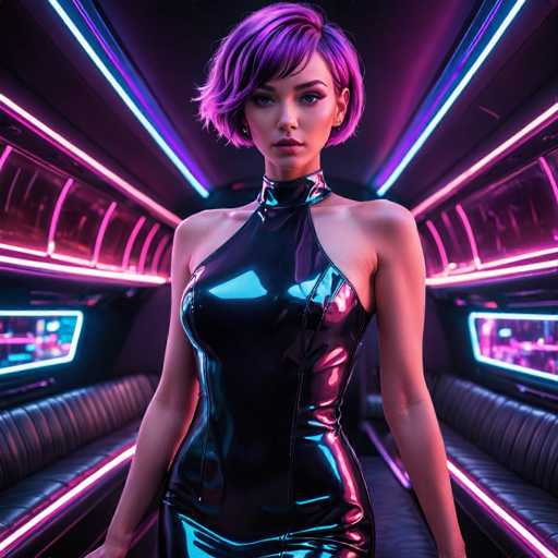 The image depicts a highly realistic, AI-generated woman with short, purple hair, styled in a bob cut. She is wearing a sleek, black leather dress that accentuates her figure, featuring a high collar and a single strap on her left shoulder. The dress is form-fitting, highlighting her chest and arms. The woman has a serious expression and is looking directly at the camera. She is seated in what appears to be a luxurious vehicle, possibly a limousine or a train car, characterized by its dark interior adorned with pink and blue neon lights. The vehicle has plush, black leather seats on either side of her, and the ceiling is lined with pink and blue lights, creating a vibrant, almost futuristic ambiance.