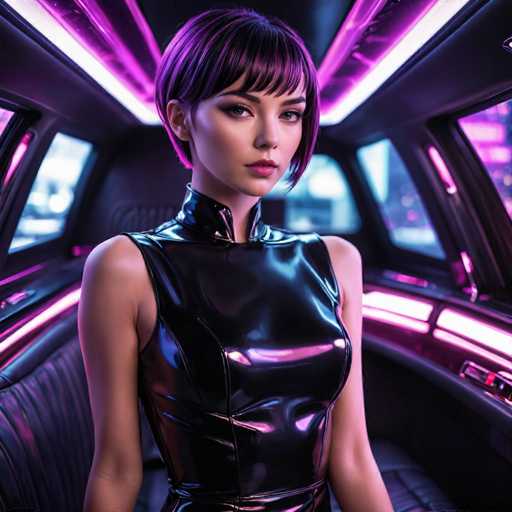 The image depicts a highly realistic, AI-generated scene of a woman seated in the back of a limousine. The woman, who appears to be in her 20s, has a striking appearance with short, purple hair styled in a bob cut with bangs. Her makeup is meticulously applied, featuring dark, smoky eyeshadow, long eyelashes, and pink lipstick. She is dressed in a sleek, black leather dress that has a high collar and sleeveless design, accentuating her bare arms.

The interior of the limousine is equally luxurious, with plush black leather seats and a ceiling adorned with purple lights. The limo's windows are tinted, adding to the sense of privacy and opulence. The woman is positioned slightly to the left of the center, gazing directly at the camera with a serious expression. The overall ambiance of the image is dark and moody, with the purple lighting creating a dramatic contrast against the black elements of the scene.