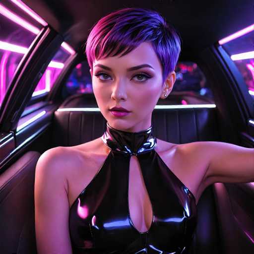 The image depicts a highly realistic, AI-generated woman seated in the back of a car. She has a striking short pixie haircut with a blend of purple and pink hues, and her face is adorned with heavy makeup, including dark purple lipstick and long eyelashes. Her skin is a light tan, and she wears small stud earrings. She is dressed in a shiny, black leather dress with a deep V-neck that reveals her cleavage. The car's interior is predominantly black, featuring leather seats and illuminated pink and blue lights along the windows and door frames. The woman is looking directly at the camera, her expression serious and composed.