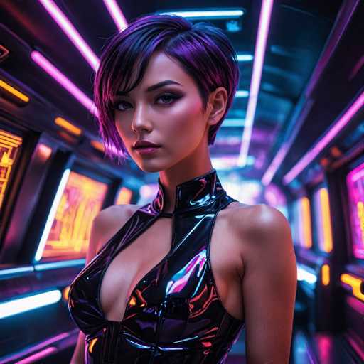 The image depicts a highly realistic, computer-generated scene of a woman standing in the center of a futuristic hallway. She has a short, pixie-cut hairstyle with black and purple highlights, and her face is adorned with heavy makeup, including dark eyebrows, long eyelashes, and pink lipstick. Her attire is a shiny, black leather dress that reveals her shoulders and chest, with a high collar that extends up to her neck. The hallway around her is illuminated by vibrant neon lights in shades of pink, purple, and orange, casting a colorful glow on the metallic surfaces. The walls are lined with various screens displaying different images, adding to the high-tech ambiance. The woman's expression is serious, and she gazes directly at the viewer, creating a striking and somewhat mysterious atmosphere.