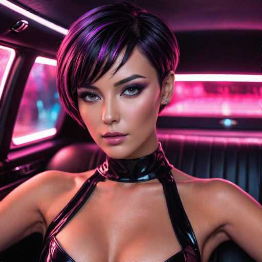 The image depicts a highly detailed, computer-generated scene of a woman seated in the back of a car. The woman is positioned facing the camera, with her head slightly tilted to the left. She has a striking appearance characterized by short, black hair with purple highlights, styled in a bob that frames her face. Her eyes are a captivating green, accentuated by heavy black eyeliner and mascara. She has full lips painted in a light pink shade.

Her attire consists of a black leather outfit that features a strap around her neck and another strap over her shoulders, leaving her chest exposed. The outfit appears to be form-fitting, highlighting her figure.

The car's interior is dimly lit, with a pink glow emanating from the lights along the edges of the seats and the back of the seat. The seat itself is black, and the woman is seated in the back, with the car door visible on the left side of the image. The overall ambiance of the scene is intimate and somewhat mysterious, with the lighting and the woman's pose contributing to a sense of allure.