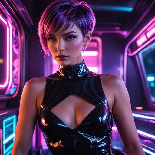 A woman with short purple hair is standing in a futuristic room filled with neon lights and blue and pink hues. She is wearing a black leather outfit that includes a corset and a top hat. The background features a large window covered by a glass wall, allowing the interior to be illuminated by the neon lights.