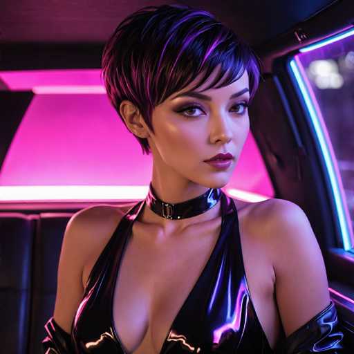 The image portrays a strikingly realistic, AI-generated depiction of a woman seated in the back of a limousine. The woman, who appears to be of mixed Asian and Caucasian descent, has a short pixie haircut with black hair accented by purple highlights. Her makeup is meticulously applied, featuring dark eyeshadow, long eyelashes, and bold red lipstick. She is adorned with a black leather choker that has a buckle and a strap that extends around her neck.

Her attire consists of a black leather dress with thin straps that go over her shoulders, revealing a significant amount of cleavage. The dress appears to be sleeveless, but there are hints of black leather sleeves that might have slipped off her shoulders. The limousine's interior is illuminated with vibrant neon lights, casting a pink glow that enhances the overall ambiance. The woman is looking directly at the camera, exuding confidence and allure.