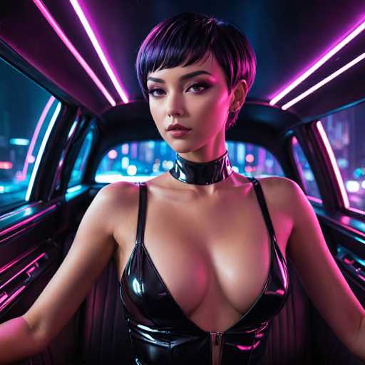 The image depicts a highly realistic, AI-generated woman seated in the back of a limousine. She has a short, dark bob haircut and is wearing a black leather dress with thin straps and a zip-up front. Around her neck is a black leather choker. Her makeup is meticulously applied, featuring dark eyeshadow, long eyelashes, and pink lipstick. The woman's expression is neutral, and she gazes directly at the camera. The limousine's interior is adorned with pink and white neon lights along the ceiling, and the seats are upholstered in black leather. The windows are tinted, offering a glimpse of a cityscape with illuminated buildings outside. The overall scene exudes a futuristic and glamorous atmosphere.