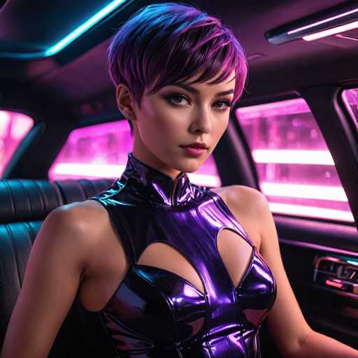 A captivating photograph features a woman seated in the back of a car, exuding an aura of futuristic allure. The car's interior is bathed in a soft pink glow, emanating from the ambient lighting that accentuates the sleek black leather seats. The woman, with her striking short hair that transitions from a deep purple at the front to a rich blue at the back, gazes directly at the camera. Her dark eyes and full lips are accentuated by her bold makeup, adding to her enigmatic presence. She is adorned in a form-fitting, sleeveless leather dress that shimmers in a deep purple hue, featuring a high collar that extends up to her neck. The dress's design includes cutouts at the chest, revealing a hint of her skin, and a strap that elegantly drapes over her left shoulder. The overall composition of the image, with its vivid colors and meticulous details, creates a mesmerizing visual narrative.