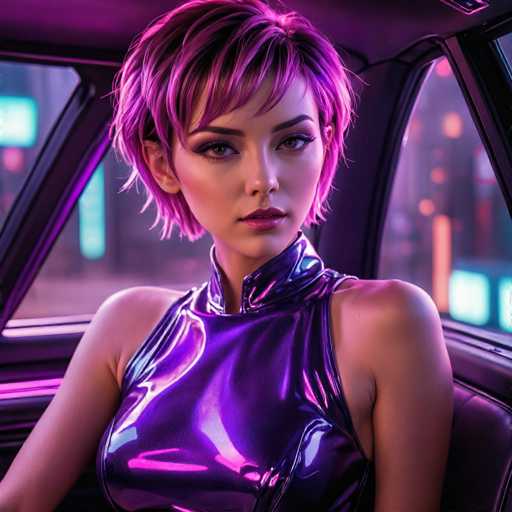 A young woman with short purple hair is seated inside a car, wearing a metallic silver dress that reflects the neon lights outside and creating an ethereal glow around her face.
