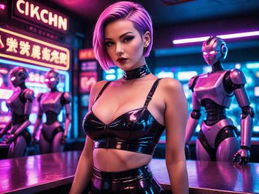 In this AI-generated image, a young woman with short, purple hair and heavy makeup stands in the center of a futuristic, cyberpunk-themed bar. She is wearing a black leather bra and matching skirt, accessorized with a black choker around her neck. Her expression is serious, and she gazes directly at the viewer. Behind her, three robots with glowing eyes are positioned: one on the left, one on the right, and one in the back. The background features a mix of neon signs, including one with Asian characters and another that reads "C-I-K-C-H-N." The setting is illuminated by a combination of pink, purple, and blue neon lights, enhancing the overall cyberpunk aesthetic.