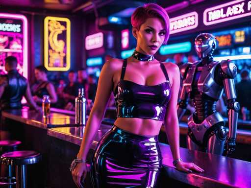 In this vibrant and futuristic scene, a woman stands confidently at a sleek, black bar, her striking appearance immediately drawing attention. She sports a short, pixie-cut hairstyle with the sides shaved and the top dyed a vivid purple. Her outfit is a bold, black leather ensemble, featuring a halter top that reveals her midriff and a matching skirt. Adorning her neck is a black leather choker, and she wears a silver bracelet on her right wrist. Her makeup is bold, with dark purple lipstick and heavy eye makeup, complementing her overall edgy look.

Behind her, a robot with a silver head and a black body stands, adding to the sci-fi ambiance of the bar. The background is illuminated with neon signs, casting a pink and purple glow over the scene. One prominent sign reads "NFL Black Ops," while another, partially obscured, seems to say "Fights." The bar itself is black and shiny, with a silver bottle placed on its surface. To the left, a few stools are visible, and a man in a black leather vest stands nearby. The overall atmosphere is dark and moody, with the neon lights providing the primary source of color and life in the image.