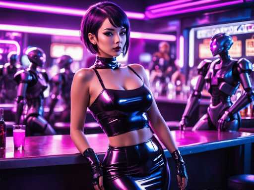 The image depicts a futuristic, cyberpunk-themed bar scene with a distinct purple hue. In the foreground, a young Asian woman with short, dark hair styled in a bob is leaning against a wooden bar. She is dressed in a tight, black leather outfit that includes a halter top, gloves, and a choker collar, accentuating her large breasts. The bar is populated by several humanoid robots, some seated and others standing, all with metallic bodies and shiny, reflective surfaces. The background is blurred but reveals more robotic figures and neon lights, enhancing the bar's neon-lit, high-tech ambiance. The overall scene is bathed in a purple glow, adding to the futuristic and somewhat dystopian atmosphere.