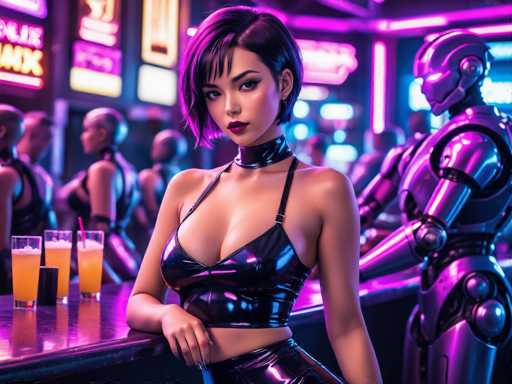 In this AI-generated image, a woman with short black hair and bangs stands at a bar, her head slightly tilted to the right. She is wearing a black leather halter top that reveals her midriff and matching leather pants. Her makeup is striking, with dark red lipstick and black eyeliner. Around her neck, she sports a black leather choker. The bar counter in front of her is shiny and reflective, holding three glasses filled with a yellowish-orange liquid, possibly mixed drinks. To her right, a robot with a silver and black body stands, its head turned to the left. The background is filled with more robots, some facing left and others right, all dressed in similar black leather attire. The setting is illuminated by neon lights in shades of purple, pink, and yellow, casting a vibrant glow over the scene.