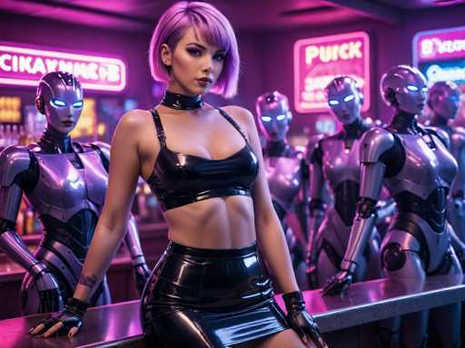 The image shows a woman with purple hair and a black outfit standing on the left side of a bar counter surrounded by five robots with metallic bodies and glowing blue eyes. The background is dark and features neon signs for "Puck" and "Cock".