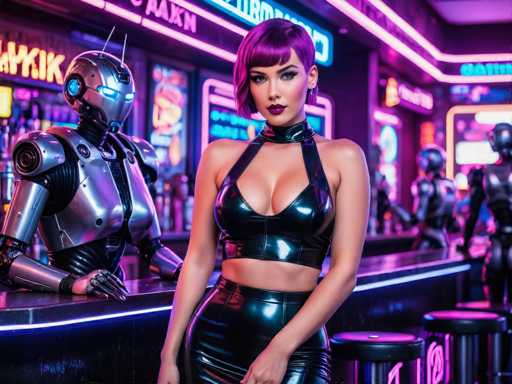 In this highly detailed, computer-generated image, a woman with short purple hair and heavy makeup stands at the center of a futuristic bar. She is dressed in a black leather bra and matching skirt, accessorized with a black leather choker. Her striking appearance is complemented by her dark red lipstick and the way she gazes directly at the viewer. The bar around her is illuminated with vibrant neon lights in shades of purple, pink, and blue, casting a colorful glow over the scene. Behind her, a robot bartender with a silver body and glowing blue eyes stands ready, its hands resting on the bar. Additional robots can be seen in the background, contributing to the high-tech ambiance. The bar stools are black with purple lighting, and the overall setting exudes a cyberpunk aesthetic, blending elements of advanced technology with a neon-lit, futuristic atmosphere.