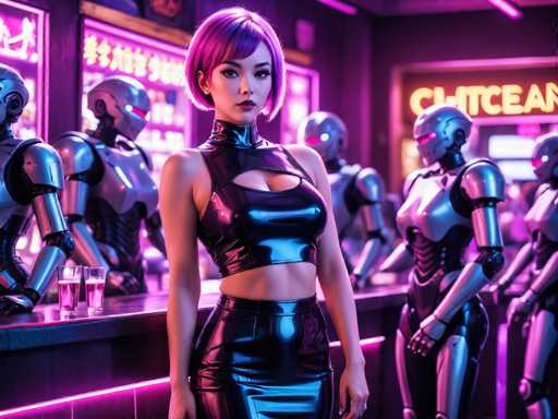 In this vibrant, neon-lit bar scene, a striking Asian woman stands confidently at the center, exuding a futuristic vibe. She sports a short, purple bob haircut and wears a sleek, black leather halter top that reveals her midriff, paired with matching leather pants. Her makeup is bold, with dark red lipstick and dramatic eyeliner, enhancing her captivating presence. Surrounding her are several humanoid robots, their metallic bodies gleaming under the purple and pink neon lights. The robot on the left, with a silver body and red eyes, stands beside another with a black midsection and a silver top. To the right, a robot with a silver head, chest, and arms, and a black midsection and legs, adds to the futuristic ambiance. The bar counter in front of her is adorned with two glasses filled with a pink liquid, and the background features neon signs in an Asian script, adding an exotic flair to the scene. The overall atmosphere is a blend of high-tech and neon-soaked glamour, reminiscent of a futuristic cyberpunk setting.
