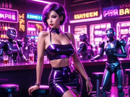 The image depicts a futuristic, cyberpunk-themed bar scene with a distinctly neon-lit ambiance. At the center of the image is a woman with short, purple hair, wearing a matching purple leather outfit that includes a halter top and a mini skirt. She is seated on a bar stool, her left arm resting on the bar, and her right arm hanging down. Her outfit is accessorized with a choker necklace and bracelets on both wrists. The bar itself is illuminated with vibrant neon lights in shades of purple, pink, and blue, casting a colorful glow over the scene. 

In the background, several robots are visible, some standing and others seated on bar stools, contributing to the high-tech atmosphere. The bar is filled with various drinks, including glasses of beer and mixed drinks, as well as bottles of alcohol. The setting is detailed with neon signs and other futuristic elements, enhancing the overall cyberpunk aesthetic. The woman is looking directly at the camera, adding a sense of engagement to the image.