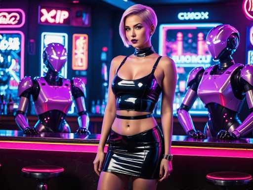 In this vibrant, futuristic bar scene, a striking woman stands confidently at the center, exuding a bold and edgy aura. She sports a sleek, black leather halter top that reveals her midriff and pairs it with a matching leather skirt, complemented by a black choker around her neck. Her short blonde hair is styled with a sharp, straight-across cut, and she wears dark lipstick that accentuates her features. Her nails are painted black, adding to her edgy look.

Behind her, the bar is staffed by two humanoid robots with a distinct purple hue. These robots have a unique design, with their heads shaped like arrowheads and their eyes positioned where the nose would typically be. Their arms are bent at the elbows, resting on the bar, and they sport black gloves. The bar itself is illuminated with a pink light, casting a warm glow over the scene.

The background is adorned with an array of neon signs in various colors, including pink, blue, and orange, adding to the bar's futuristic ambiance. Notable signs include one that reads "XIP" and another that says "CUOX." The overall setting is a blend of neon lights, metallic textures, and a dark, moody atmosphere, creating a captivating and immersive visual experience.
