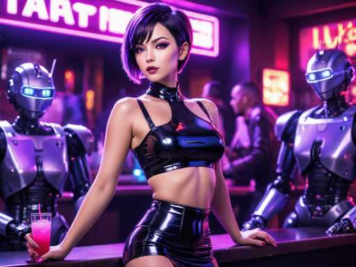 In this vibrant, futuristic bar scene, a striking woman with short black hair and bangs stands confidently at the center. She is dressed in a sleek, shiny black leather outfit that includes a halter top and a short skirt, complemented by a matching choker. Her makeup is bold, with dark red lipstick and dramatic eye makeup, enhancing her captivating presence. She holds a glass filled with a pink drink and a pink straw in her right hand, while her left hand rests on the bar. The bar itself is illuminated by a purple neon sign above her head, casting a soft glow over the scene. Flanking her are two robots with silver bodies and glowing blue eyes, adding to the sci-fi ambiance. The background is slightly blurred, revealing a few patrons and more neon signs, including one that reads "T-A-A-T" and another partially visible sign with the letters "I-V." The overall atmosphere is a blend of neon lights, metallic textures, and a futuristic vibe, making it a visually engaging and detailed depiction.