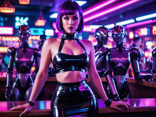 In this vibrant, futuristic bar scene, a striking woman with short purple hair and bangs stands confidently at the center. She is dressed in a sleek, black leather outfit that includes a halter top and a matching skirt, accentuated by a black choker around her neck. Her arms rest on a wooden bar, and she gazes directly at the camera with a serious expression. Surrounding her are four humanoid robots, each with distinct features: one with a silver head and red accents, another with a silver head and blue eyes, a third with a silver head and yellow eyes, and the fourth with a silver head and green eyes. The background is a blur of neon lights in shades of pink, purple, and blue, casting a colorful glow over the scene. The overall atmosphere is one of high-tech sophistication and futuristic charm.