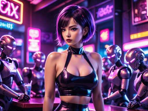 In this vibrant, futuristic scene, a striking female character stands at the center of a neon-lit bar. She has short, purple hair styled in a bob with bangs, and her eyes are accentuated with heavy makeup, including bold red lipstick. She wears a black leather halter top that reveals her midriff and pairs it with matching leather pants. Around her neck is a black leather choker. The bar is bustling with activity, as several humanoid robots, featuring glowing pink eyes and metallic bodies, are either seated or standing, some holding drinks. The background is adorned with an array of neon signs in various colors—pink, purple, yellow, and blue—casting a colorful glow over the scene. One prominent sign in the upper left corner reads "E-X," while another in the upper right corner displays "T-O-K-K." The overall atmosphere is a blend of cyberpunk and futuristic elements, creating a visually captivating and dynamic environment.