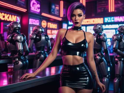 In this AI-generated image, a woman stands confidently at a bar, her striking appearance immediately drawing attention. She has short, purple hair styled in a side-swept fringe, complementing her bold black lipstick. Her outfit is a sleek, black leather ensemble consisting of a halter top that reveals her midriff and a short skirt. A black choker adorns her neck, adding to her edgy look. Her right hand rests on the bar, which is illuminated by a glass of red liquid, casting a pink glow on the surface. The background is a vibrant tapestry of neon signs in various colors—orange, purple, and blue—casting a colorful glow over the scene. Adding to the futuristic ambiance, several robots are positioned behind her, their metallic bodies reflecting the neon lights. The woman's left arm features a tattoo, further enhancing her distinctive appearance.