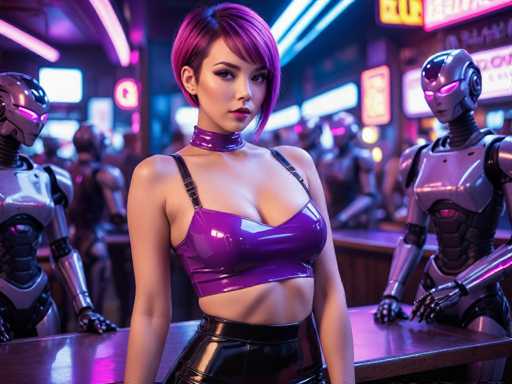 In this AI-generated image, a young woman stands at the center of a futuristic bar, surrounded by robots. She has short, purple hair styled in a bob with bangs, and her makeup is meticulously applied, featuring pink lipstick. Her attire includes a purple plastic choker, a matching purple plastic tube top that reveals her midriff, and black leather pants. Her arms rest on a brown wooden bar, and she gazes directly at the camera with a serious expression.

The background is filled with blurred neon signs and lights, enhancing the bar's vibrant atmosphere. To her left and right are two identical robots, both with silver bodies, pink glowing eyes, and black helmets. The robot on the left has its hands on the bar, while the one on the right has its hands resting on its knees. Additional robots can be seen in the background, contributing to the scene's high-tech ambiance. The overall color palette of the image includes shades of purple, pink, black, gray, and blue, creating a visually striking and immersive futuristic setting.
