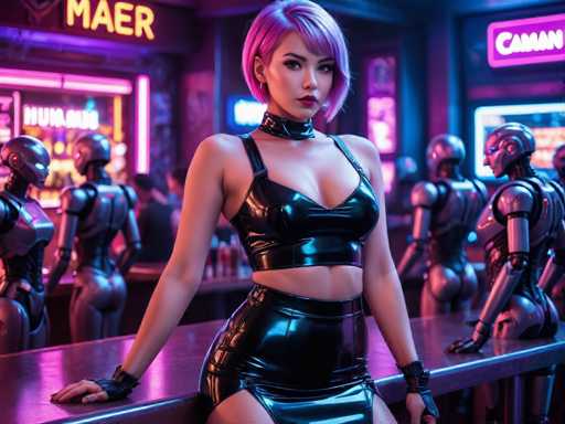 In this AI-generated image, a woman with short, purple hair and heavy makeup sits on a bar stool in a futuristic, cyberpunk-themed bar. She is dressed in a tight, black leather outfit that includes a halter top and a short skirt, complemented by fingerless gloves. Her expression is serious as she gazes directly at the camera. The bar around her is populated by several humanoid robots with silver bodies and glowing blue eyes, who are either standing or sitting at the bar. The background is illuminated with neon signs, including one that reads "M-A-E-R" and another partially visible sign that appears to say "Kaman." The overall ambiance is dark and moody, with the neon lights casting a vibrant glow on the scene.