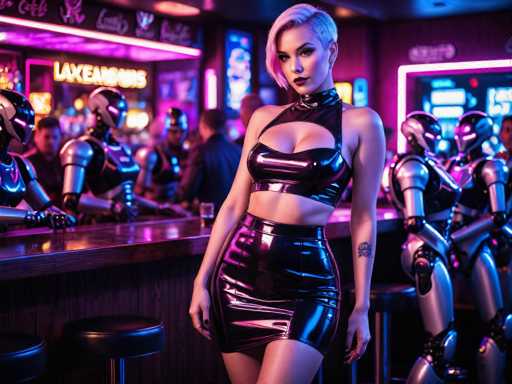 In this vibrant, futuristic bar scene, a striking woman stands at the center, exuding confidence and allure. She has short, platinum blonde hair with a distinctive pink streak on the left side, complementing her bold red lipstick. Her outfit is a sleek, black leather ensemble: a halter top that reveals her midriff and a high-waisted skirt that ends just above her knees. She stands with her hands at her sides, her head slightly tilted to the left, gazing directly at the camera.

The bar around her is bustling with activity, featuring a wooden countertop and black leather stools. To her left, a group of robots with silver bodies and black accents are engaged in conversation, their arms resting on the bar. Behind her, more robots can be seen, adding to the high-tech ambiance. The background is adorned with neon signs and vibrant lighting, casting a pinkish-purple hue over the scene. One prominent neon sign reads "LAXEABO" in yellow letters, while other signs and advertisements add to the futuristic vibe. The overall atmosphere is one of a lively, cutting-edge establishment where humans and robots coexist in harmony.