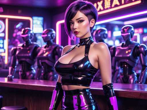 This image depicts a highly detailed, computer-generated scene set in a futuristic bar. The focal point is a striking woman with short, purple hair styled in a bob, and she is adorned in a sleek, black leather outfit. Her attire includes a halter top that reveals her midriff and matching pants, complemented by long gloves that extend past her elbows. She has a fair complexion, red lips, and is wearing a black leather choker. The woman stands confidently at the bar, her gaze directed straight at the viewer.

Behind her, the bar counter is lined with several robots, each with a distinct design featuring purple visors and silver bodies. The background is illuminated by vibrant neon lights in shades of purple, pink, and orange, casting a futuristic glow over the scene. The walls are adorned with various posters and signs, including one with Asian characters, adding to the bar's eclectic ambiance. The overall atmosphere is a blend of neon-lit modernity and sci-fi elements, creating a visually captivating and immersive environment.